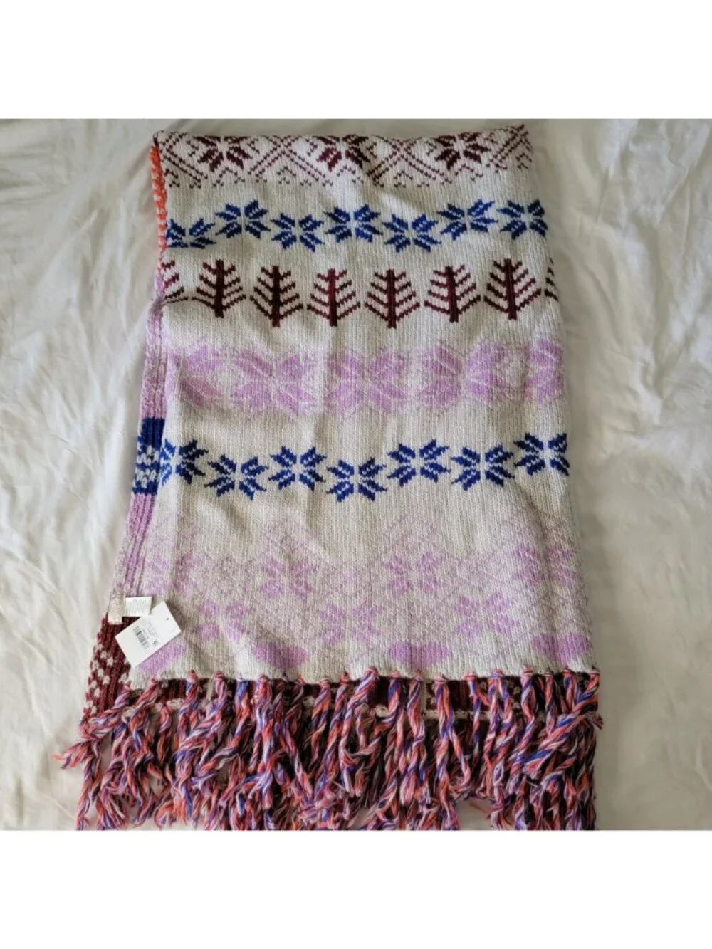 Free People Winter Whimsy Fringe Throw Blanket Cozy Winter Fair Isle Wool Boho